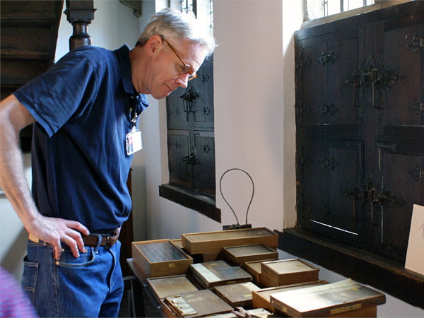 Frank E. Blokland organizing the display of type-foundry material in Museum Plantin-Moretus